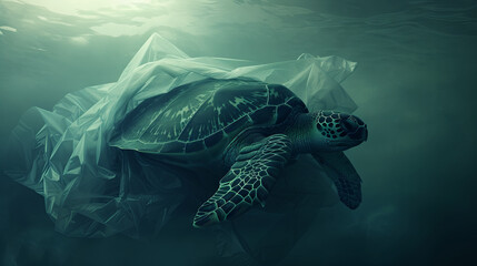 Fototapeta premium Environmental pollution concept, turtle swims the sea with garbage