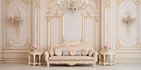 Expensive baroque-style furniture and decorative walls adorn a luxurious sitting room in beige pastel tones. - obrazy, fototapety, plakaty