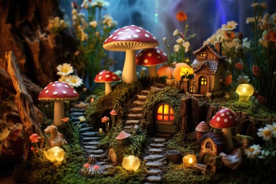 magical fairy garden with mushrooms, flowers, and sparkling fairy dust.