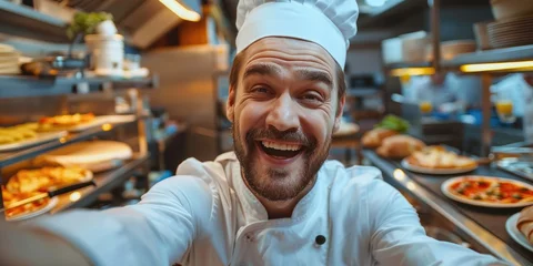 Deurstickers A laughing loudly kitchen chef holding a selfie camera, modern pizzeria background © piai
