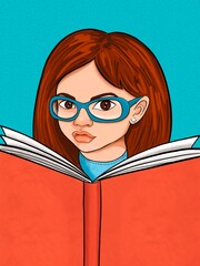 A funny girl with glasses is reading a book.