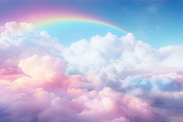 pastel rainbow arching across the sky amidst fluffy clouds.