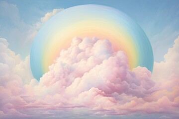 pastel rainbow arching across the sky amidst fluffy clouds.