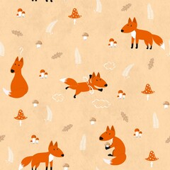 Seamless pattern with bright orange cartoon foxes