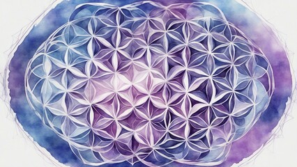 glass sphere _A purple and blue watercolor sacred geometry illustration of the flower of life on a white background 