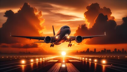 Fototapeta premium The image is a stunning photograph of a commercial airplane taking off against a breathtaking sunset with the sun low on the horizon