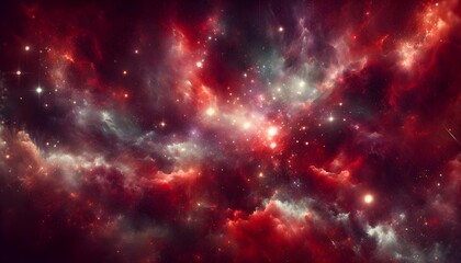 Fototapeta na wymiar This image depicts a vibrant cosmic scene filled with nebulous clouds, stars, and interstellar dust in a myriad of reds, blues, and whites, creating a mesmerizing view of deep space.