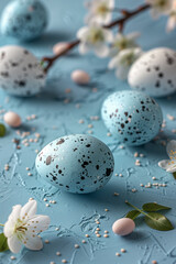 Easter Concept: Speckled Eggs and Spring Blossoms on Textured Blue Background
