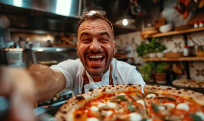 Foto op Aluminium A laughing loudly kitchen chef holding a selfie camera, modern pizzeria background © piai