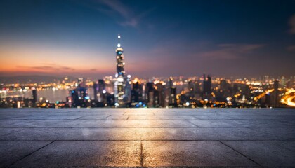 Concrete floor with cityscape and skyline background 