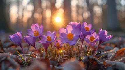 Foto op Canvas flowers in the forest, spring is coming, pink, purple petals, sunrise, light, golden © Jasenko