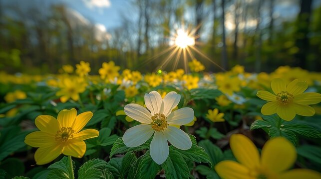 flowers in the forest, spring is coming, white, yellow petals, sunrise, light, golden
