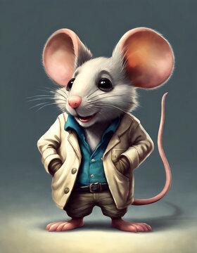 Mouse wearing clothes. Scientific mouse. The mouse is dressed in pants and a jacket. Fantasy painting