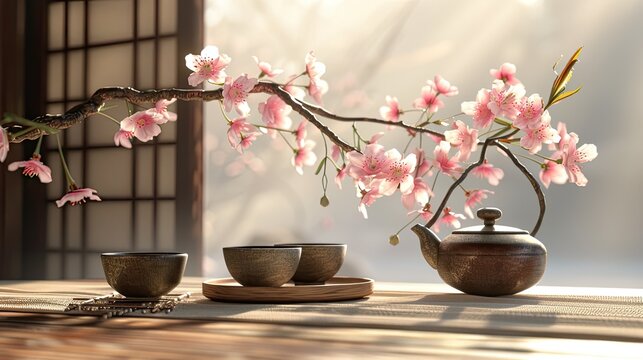 tea set next to a sakura branch, and natural elements such as a sakura branch on a bamboo mat to create a harmonious composition that reflects the tranquil setting.