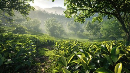 tea plantation to create a realistic background. There are tea bushes or trees around to provide context to the scene.