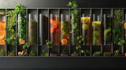 an assortment of black, green and fruit teas in boxes are arranged in a visually appealing manner. A dynamic composition reflecting the diversity of tea.