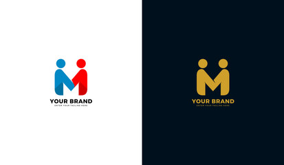 Letter m collaboration logo. Human illustration design, handshake, friendship icon, business. Graphic design vector - obrazy, fototapety, plakaty