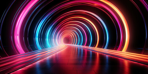 A shining neon tunnel is like a portal in a parallel world, where a mysterious atmosphere and imm