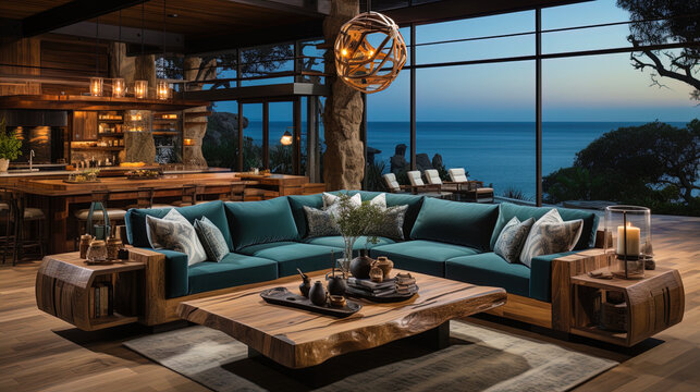 A spacious room with wide windows framing the amazing landscape of the sea and the horizon, li