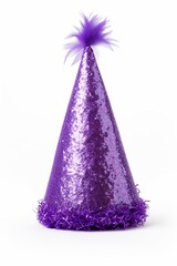 Purple Party Hat Isolated on white, Glittery Purple Party Hat with Colorful Confetti, Purple Party Hat with Pom-Poms, Festive Purple Party Hat with Confetti Brim, Birthday Party hat, Easy to cut out 