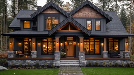 Gray facade and front door of a modern farmhouse with a covered porch and mahogany details, with light fixtures and columns on either side.