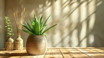 a reed scent or diffuser and an aloe vera plant on a wooden table so they catch soft natural light, enhancing the realism. - obrazy, fototapety, plakaty