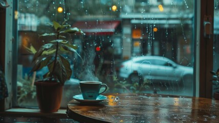 Cozy Rainy Day Coffee Shop View - A warm coffee cup sits on a wooden table with a rain-soaked window view, creating a cozy atmosphere for relaxation