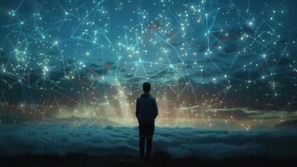 Contemplating Cosmic Connections - A lone figure stands before a mesmerizing network of stars and connections, embodying the infinite possibilities of the universe and our place within it. This image 