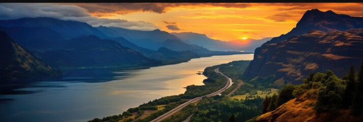 Gold and Beauty at Columbia River Gorge, an American Icon of Scenic Environment at Evening - obrazy, fototapety, plakaty