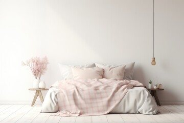 Fototapeta na wymiar Light and Cozy Bedroom Interior Design with Unmade Bed, Pink Plaid, and Cushions. Home Room Mock-up