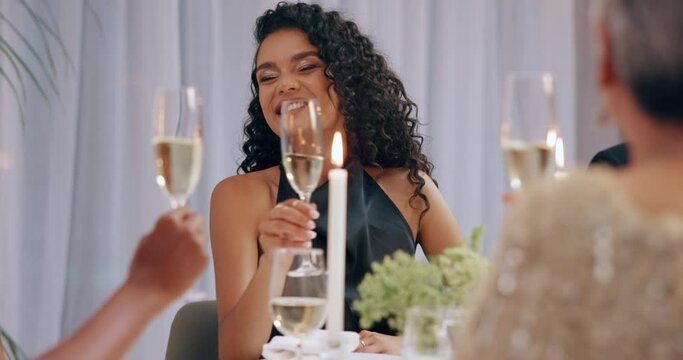 Happy people, glasses and Champagne for cheers at gala, celebration or social gathering with alcoholic beverage. Smile with alcohol drink for toast and party, festive and wine to celebrate at event - Powered by Adobe