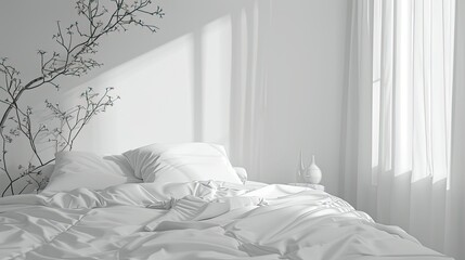 Fototapeta na wymiar mood and atmosphere of a white bedroom. The feeling of calm and elegance inherent in a boudoir setting. Copy space so you can add text or other elements as needed.