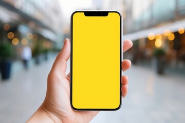 Hand Holding Yellow Mobile Phone with Blank Screen. Mockup of Female Hand with Digital Display
