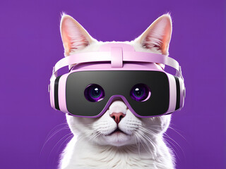 Vibrant 3D Cat Template in VR Headset on Clean Purple Background. Join the Pet Tech Revolution