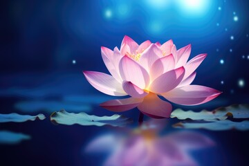 Lotus Flower in Fairy Blue Background. Pink Water Lily Glowing in Zen Mood with Shiny Glistering - obrazy, fototapety, plakaty