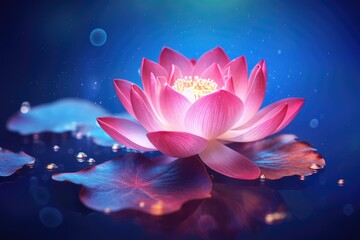 Glistening Pink Lotus Flower on Blue Background. Zen Concept of a Fairy Water Lily Nenuphar. - obrazy, fototapety, plakaty