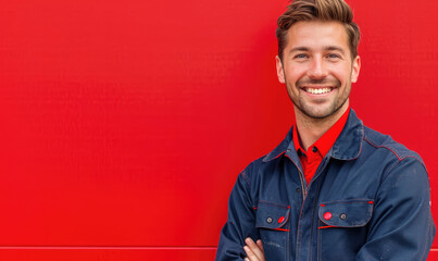 A technical job man with happy smile wearing working clothes standing against a red wall