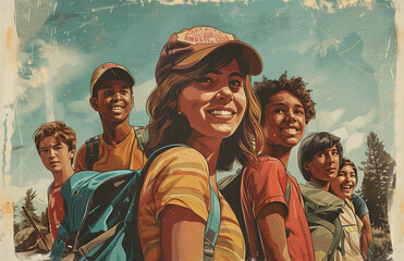 vintage illustrated graphic depicting young adults hiking and camping in the woods and smiling