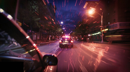 a police car on a high speed chase with it's lights on at night - 741867517