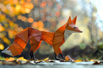 Red origami fox in autumn