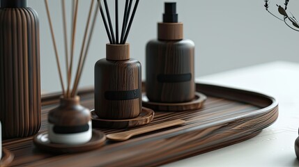 Obraz na płótnie Canvas details of the unbranded room spray and reed diffuser, including the texture of the labels, the clarity of the black label, and the natural wood grain of the walnut wood tray.