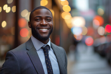 professional business man in city with dark skin color looking happy 