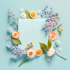 White blank card, frame decorated with colorful flowers of spring. World Women's Day.