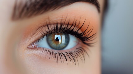 Obraz premium Female Eye with Extreme Long False Eyelashes. Eyelash Extensions. Makeup, Cosmetics, Beauty. Close up