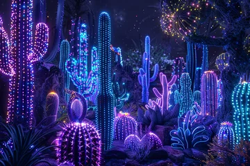 Fototapeten cactus, neon cactus, cyberpunk cactus, cactus in the desert, Vibrant desert cacti illuminated in a neon glow, cactus in the dark © fadi