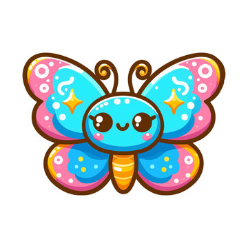 A cartoon vector of a butterfly with blue and pink wings, adorned with stars.