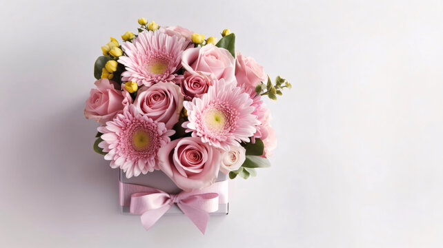Top view of a bouquet of colorful spring flowers banner space for your own content. World Women's Day.