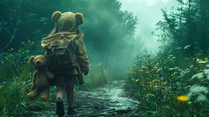Young girl walking to school down a path with wildflowers, carrying her teddy bear. An early spring foggy morning.