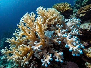 Naklejka na ściany i meble Coral bleaching linked to elevated sea temps: Loss of symbiotic zooxanthellae threatens Pacific reef. Threat to Pacific reef from elevated sea temps