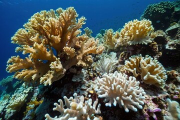 Naklejka na ściany i meble Coral bleaching linked to elevated sea temps: Loss of symbiotic zooxanthellae threatens Pacific reef. Loss of zooxanthellae jeopardizes Pacific reef